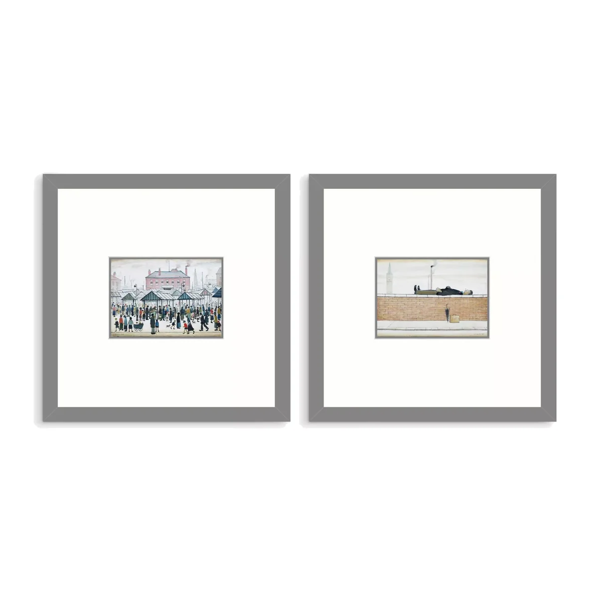 LS Lowry - 'Man Lying on a Wall' & 'Market Scene' Framed Print & Mount, Set of 2, 53.5 x 53.5cm, Multi – image 1