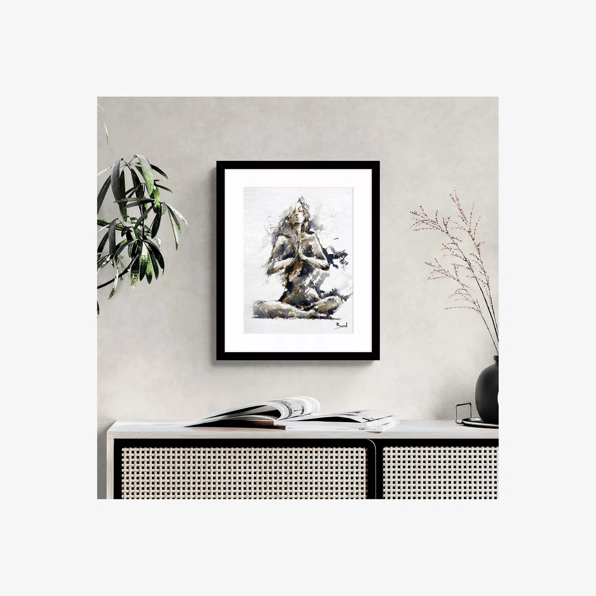 John Lewis Joanne Boon Thomas 'Yoga Lady' Framed Print & Mount, 53.5 x 43.5cm, Black/White – image 1
