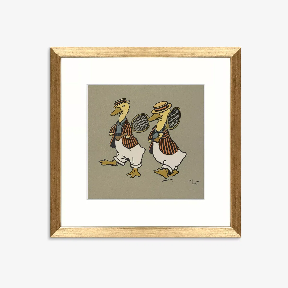 British Library - Cecil Aldin 'Tennis' Framed Print & Mount, 26 x 26cm, Yellow/Multi