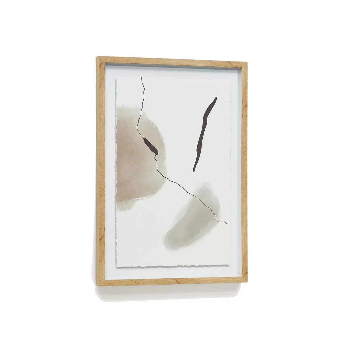 Torroella abstract painting in white, brown, and grey with a black stripe, 50 x 70 cm – image 1