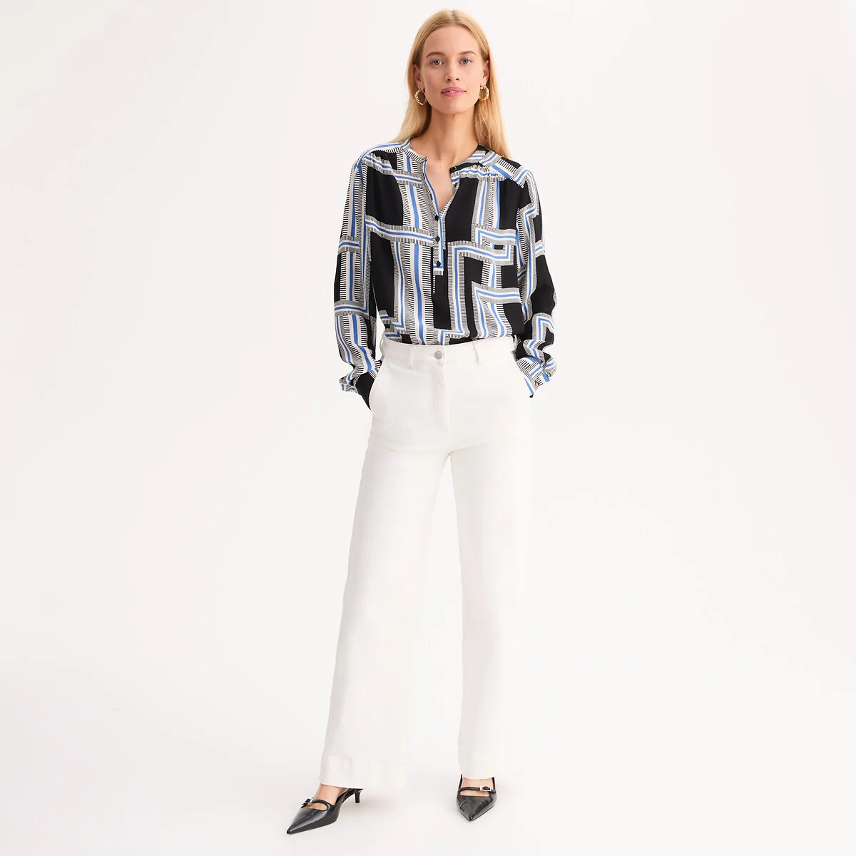 Graphic Print Blouse with Grandad Collar – image 2