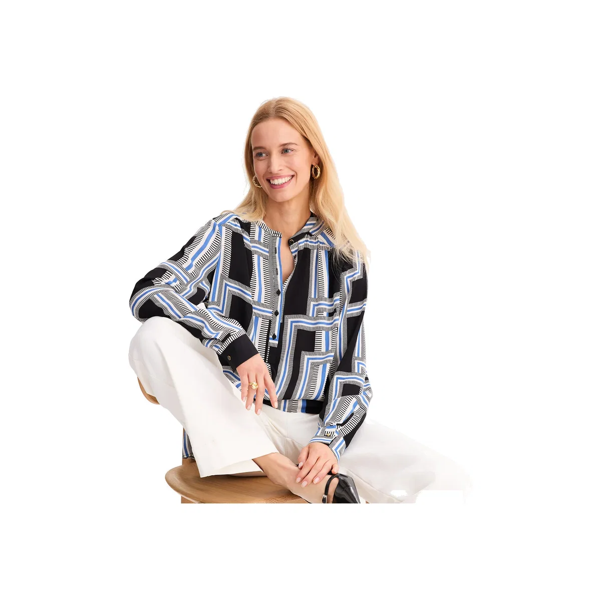 Graphic Print Blouse with Grandad Collar – image 1