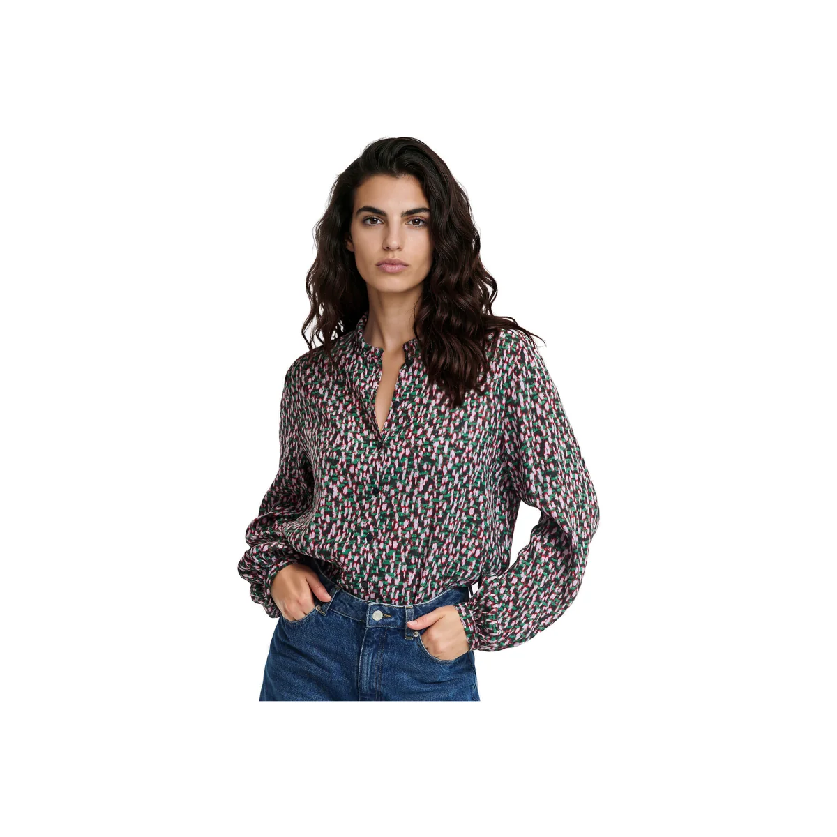 Graphic Print Viscose Ruffled Collar Blouse