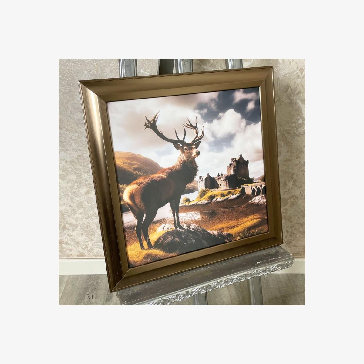 Stag at Eilean Donan Castle Wall Art with Gold Frame