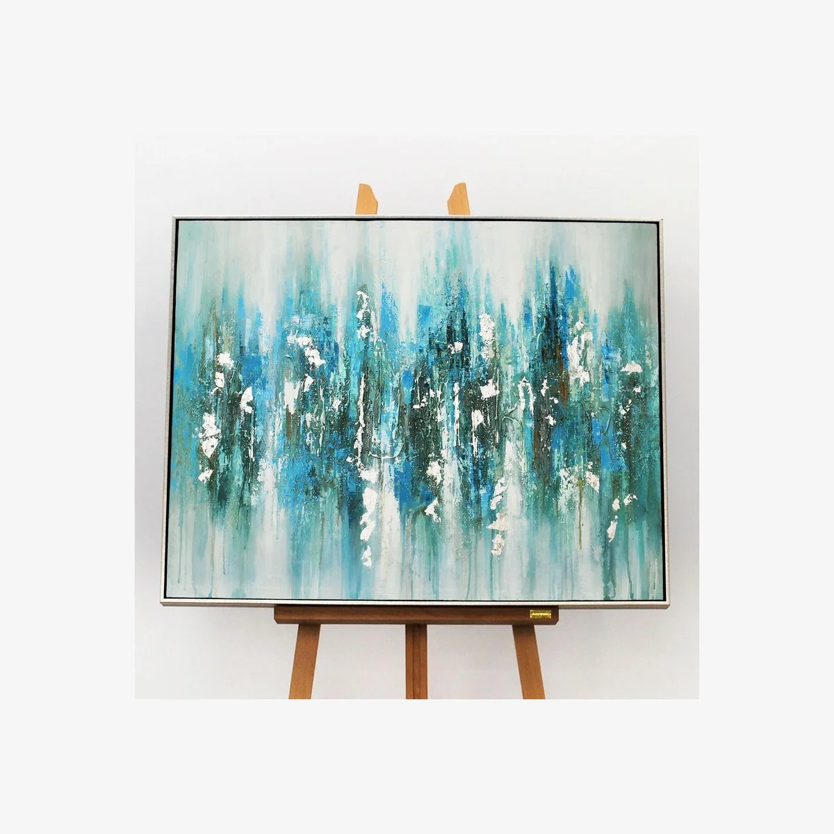 Mineral Aqua Haze Abstract Canvas with Brushed Silver Frame 100x80cm – image 1