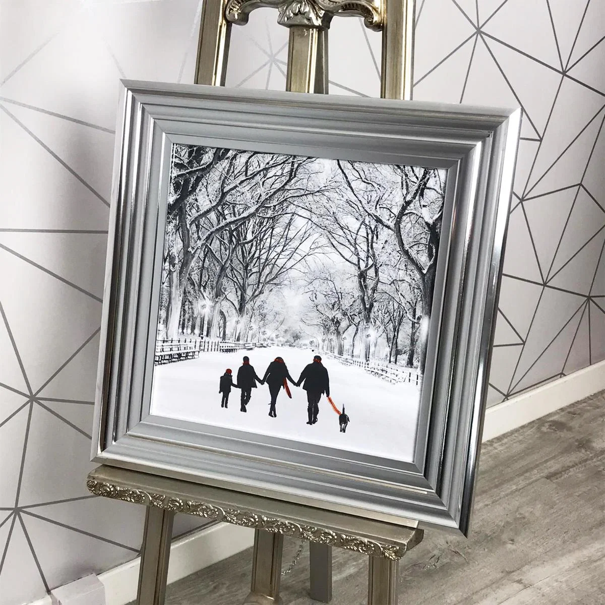 Winter Family Walk Liquid Art with Chrome Frame 40x40cm – image 1