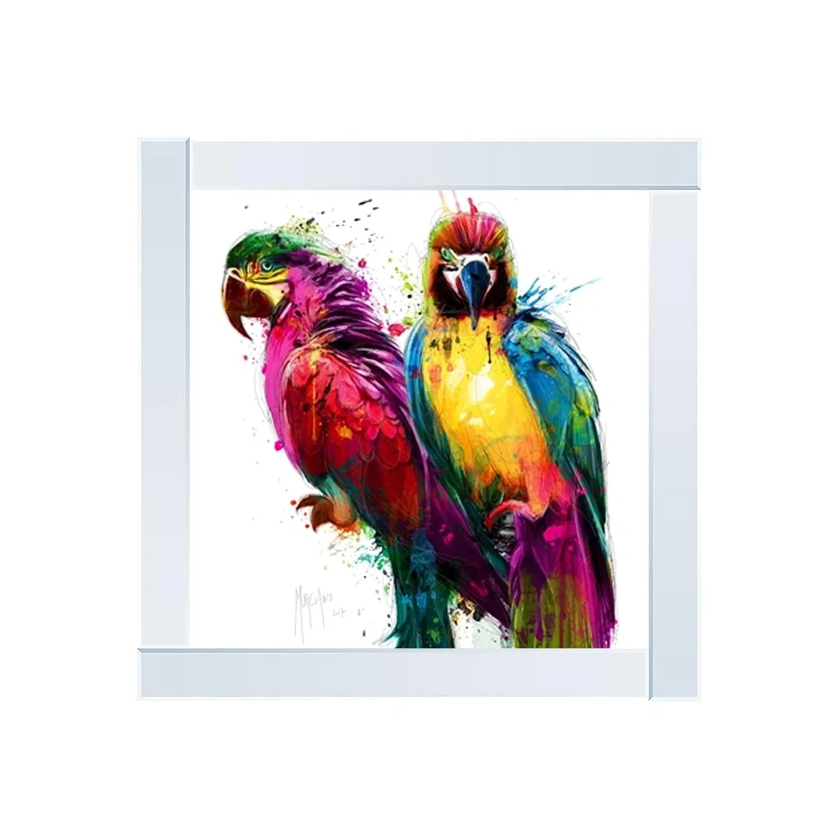 Tropical Colours Parrots Liquid Art with Mirrored Frame 86x86cm