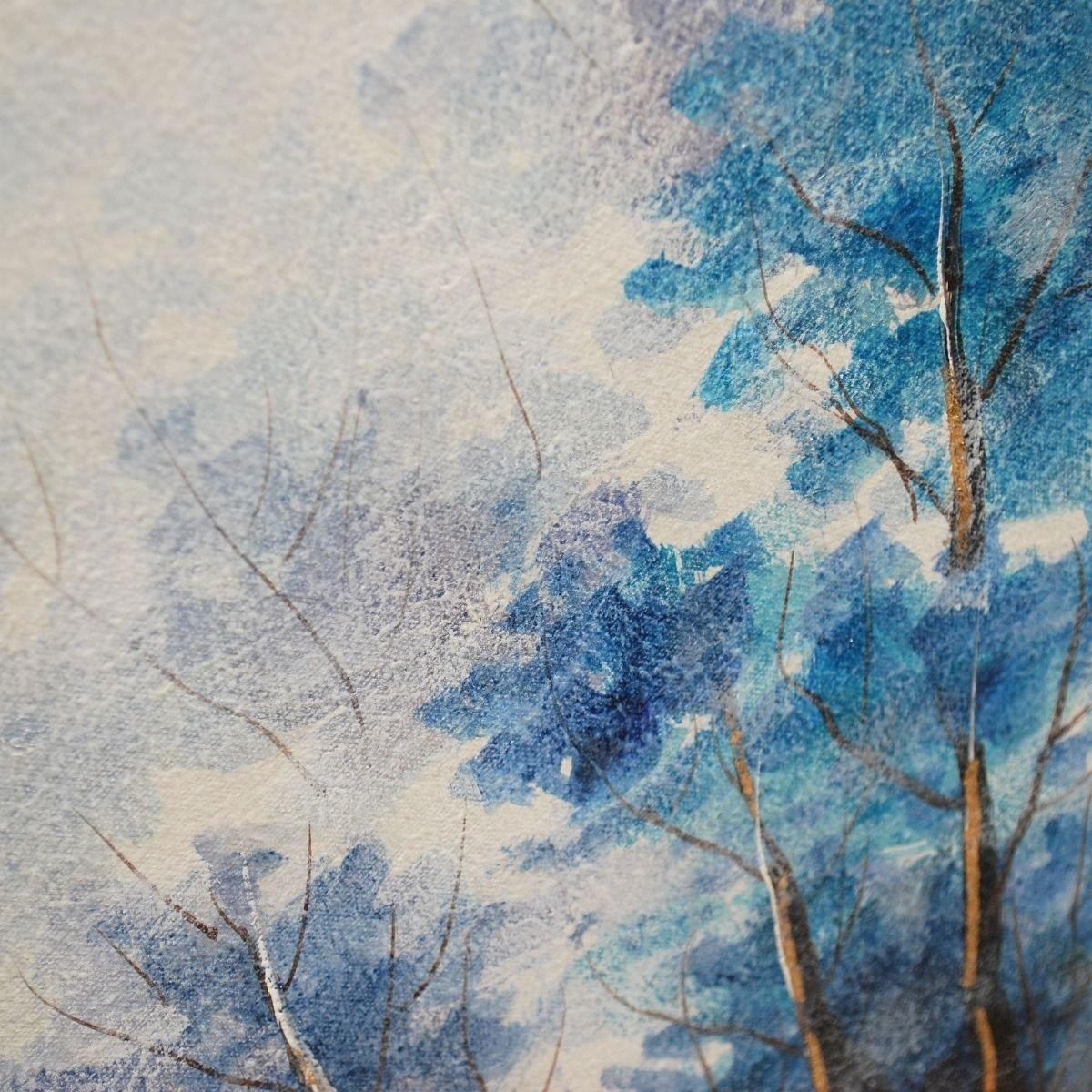 Small Tree Haze Powder Blue Canvas with Brushed Silver Frame 40x40cm – image 2