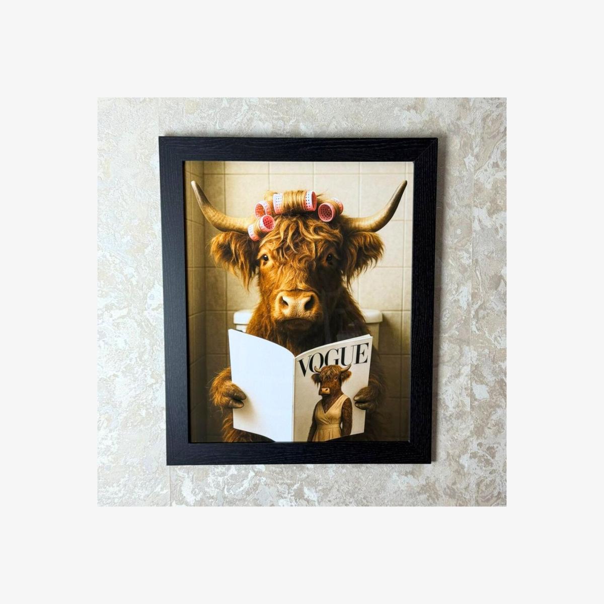 Lavatory Highland Cow Wall Art with Black Frame