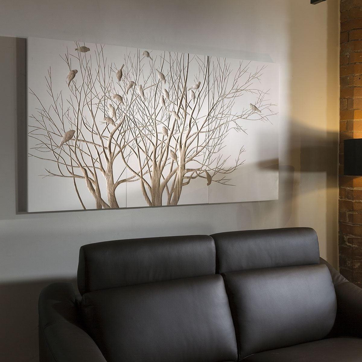 Stunning White Hand Crafted Wooded Wall Artwork Tree Birds 1800x1000mm – image 1