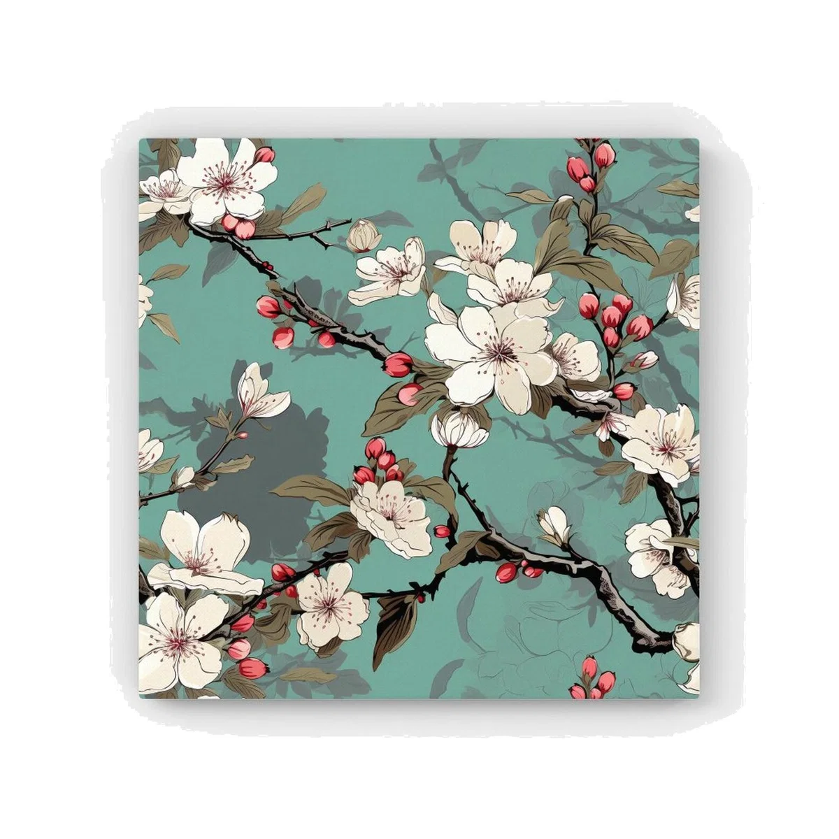 Pink Blossom Asian Design HD Metal Print - Green / 40cm