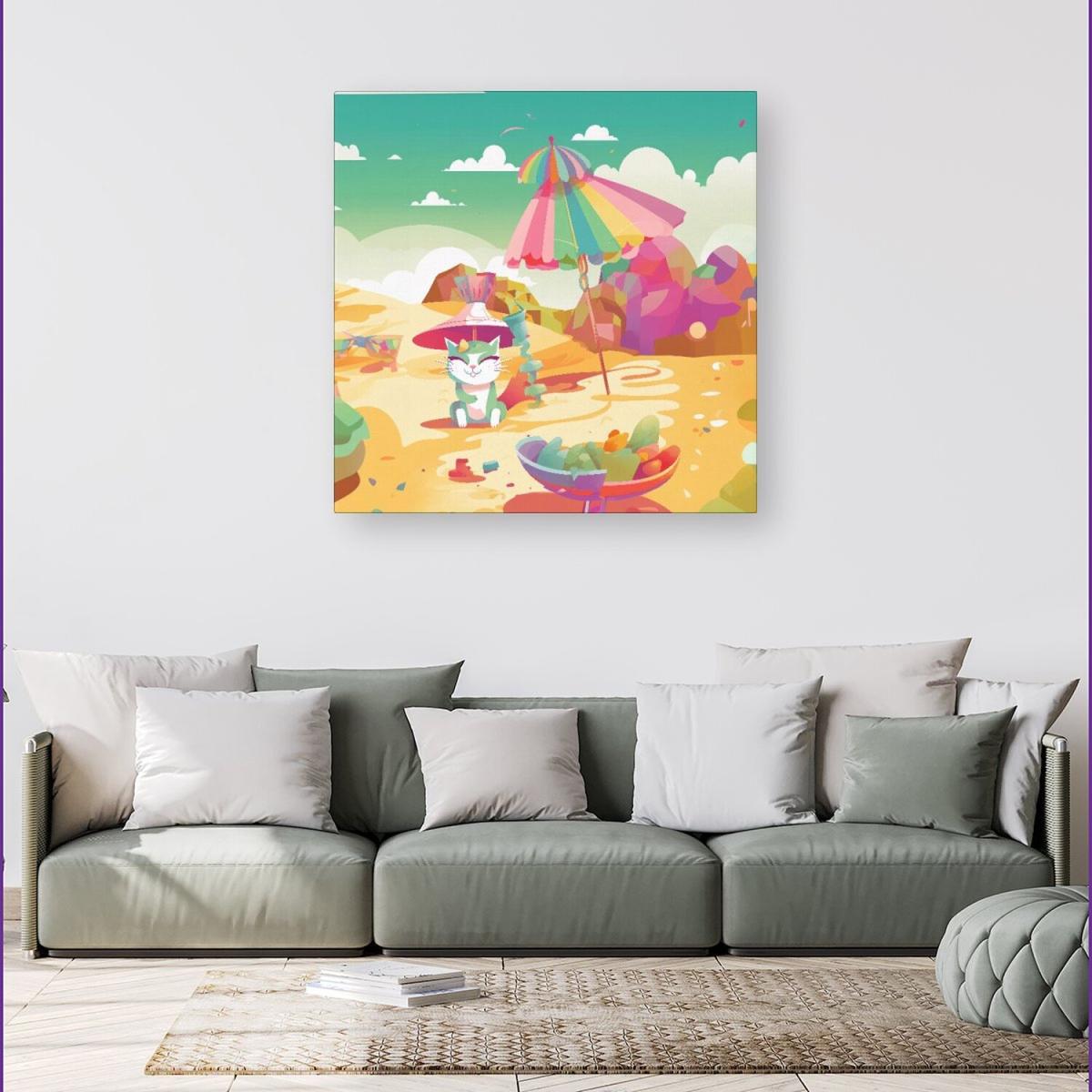 Kitten On A Beach Holiday Canvas Print - Yellow / 101.6cm – image 2