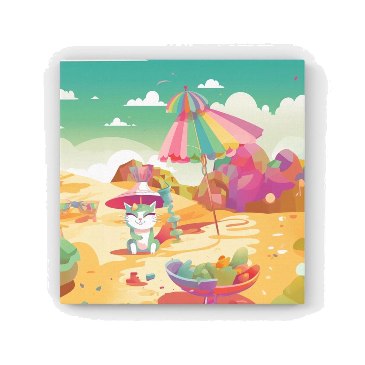 Kitten On A Beach Holiday Canvas Print - Yellow / 101.6cm – image 1
