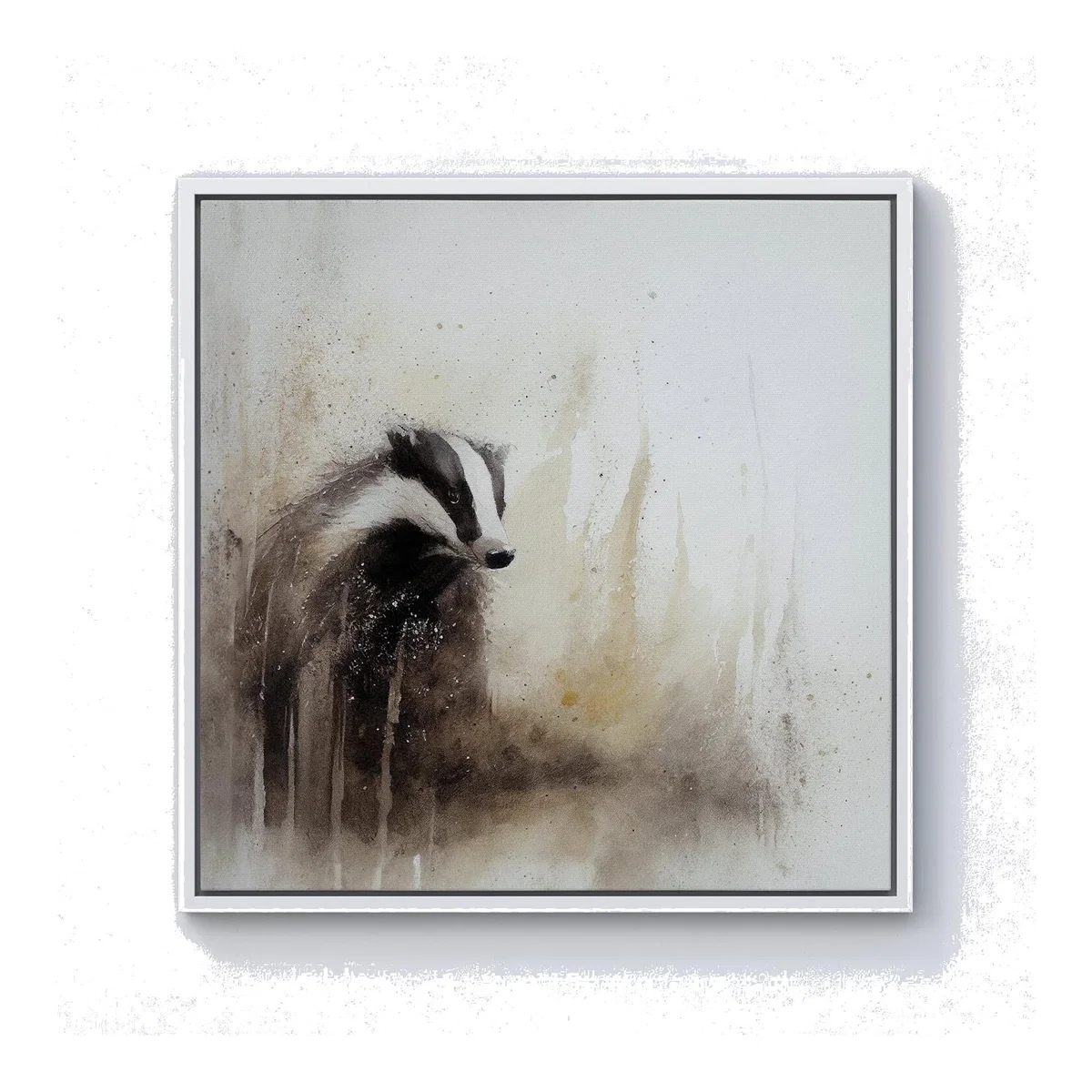 Badger Watercolour Canvas Print - Brown / White Frame / 40.6cm