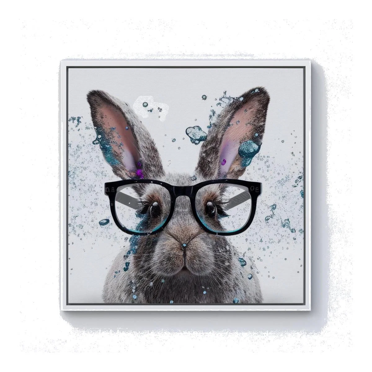 Rabbit With Glasses Splashart Canvas Print - Grey / White Frame / 76.2cm