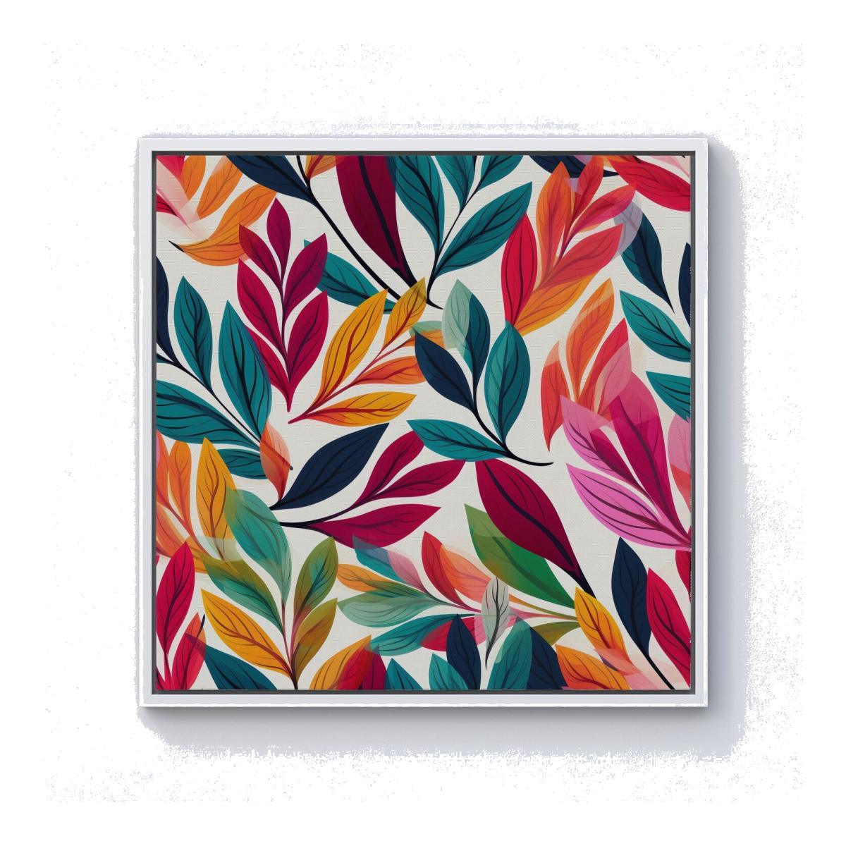 Bright Leaves Pattern Canvas Print - Orange / White Frame / 40.6cm