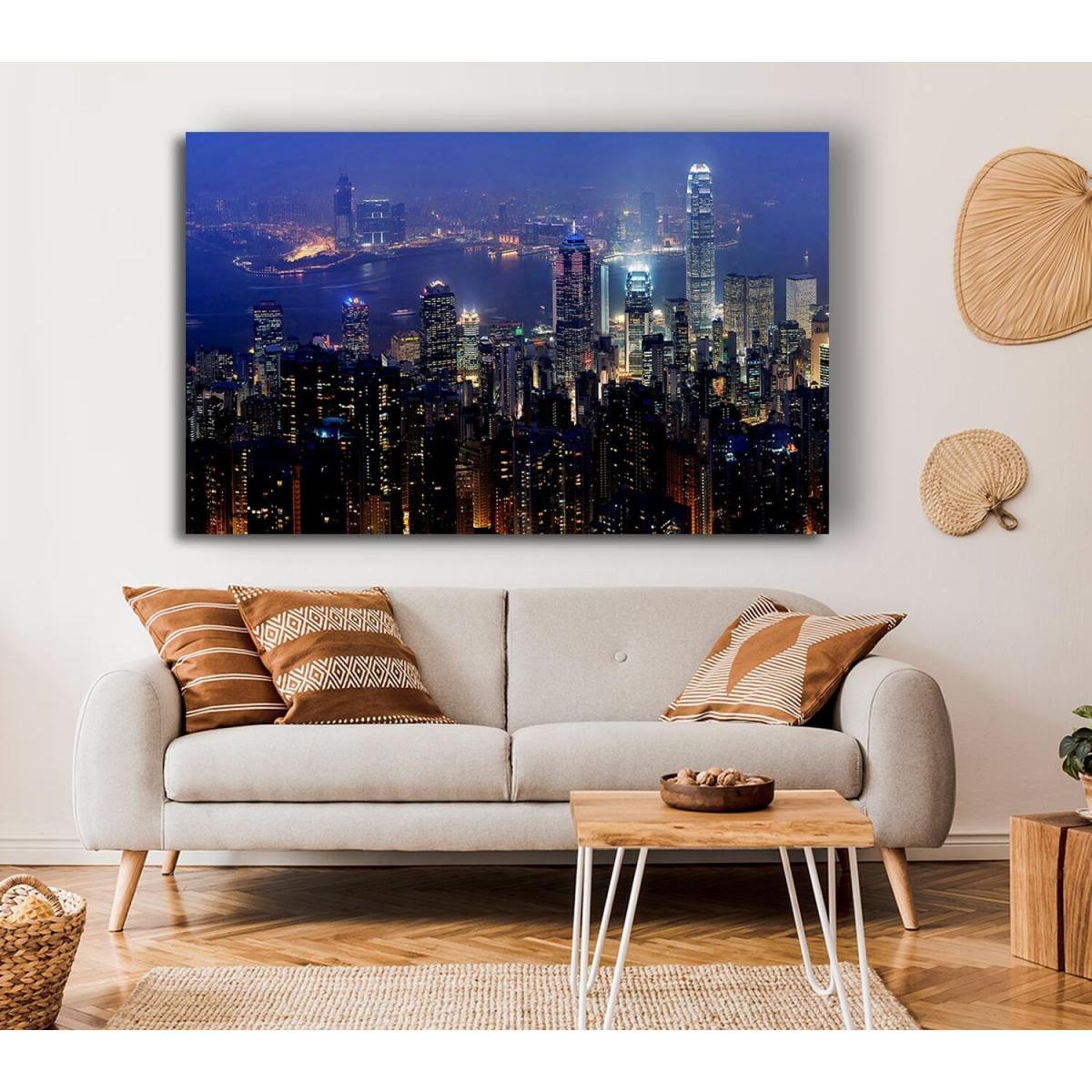 Hong Kong Harbour Night Mist Canvas Print Wall Art - Yellow / 35.56cm – image 4