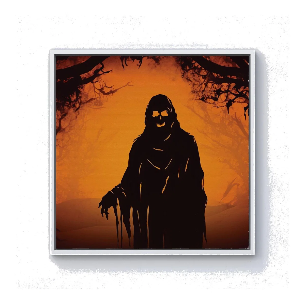A Spooky Black And Orange Ghost Canvas Print - Orange / White Frame / 25.4cm