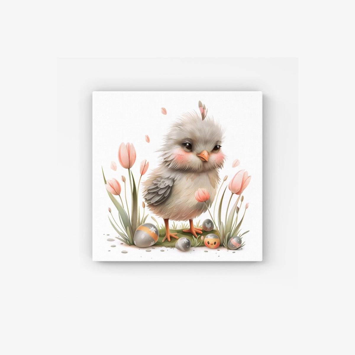 Cute Easter Chick With Tulips HD Metal Print - Neutral / 56cm