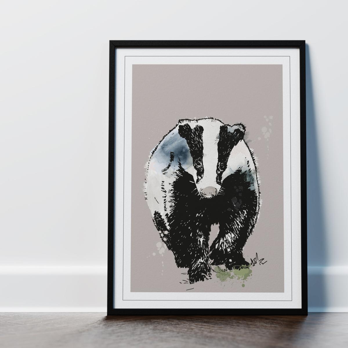 Rustic Badger Neutral Framed Wall Art Print - Black Frame - Black Frame – image 1