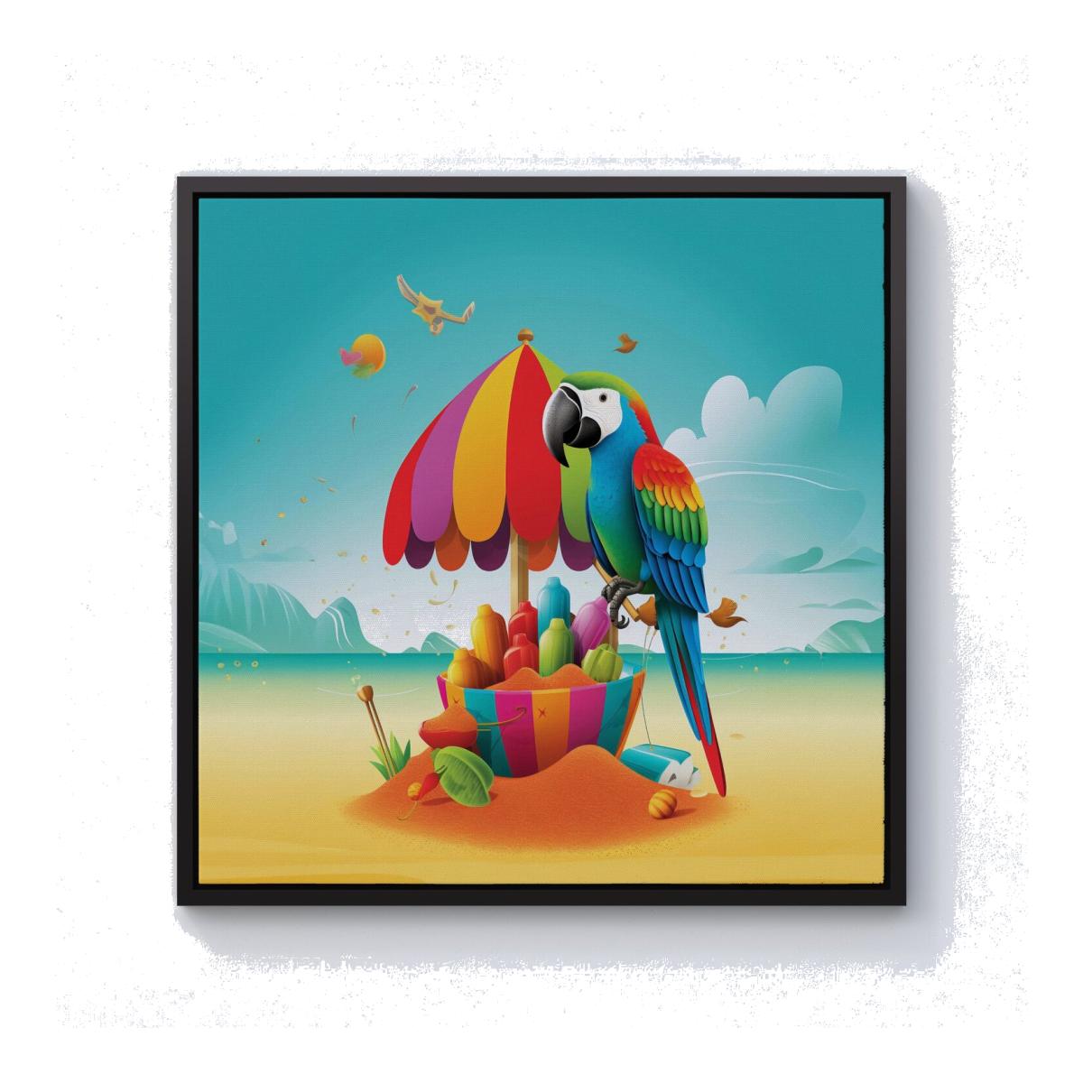 Parrot On A Beach Holiday Canvas Print - Yellow / Black Frame / 101.6cm