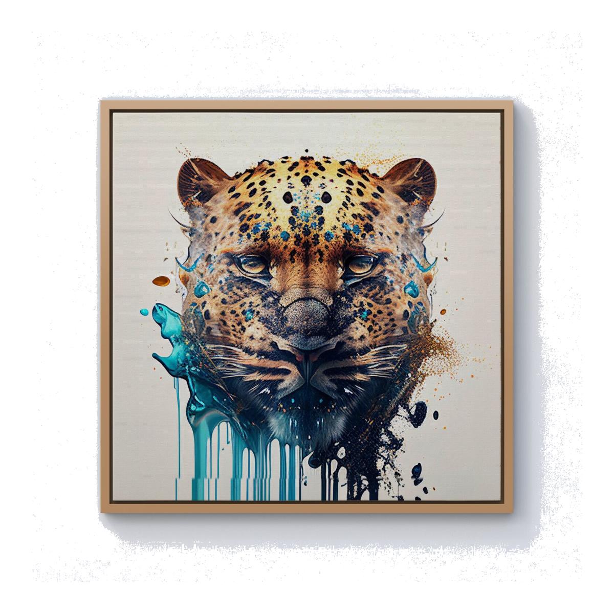 Leapoard Face Splashart On Light Background Canvas Print - Yellow / Pine Frame / 40.6cm