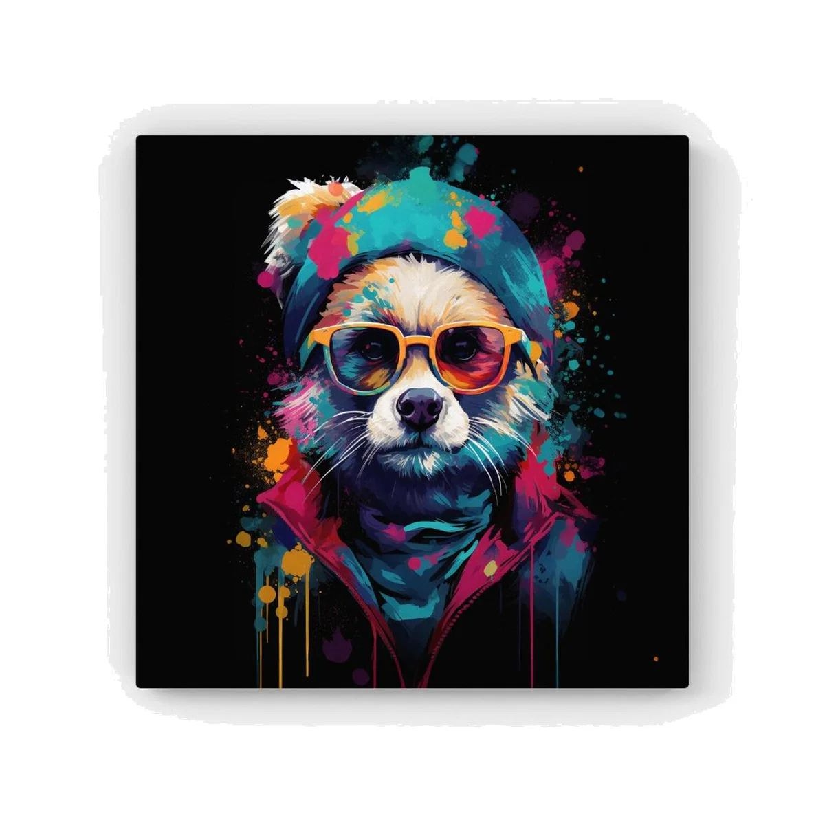 Multi Coloured Splashart Dog With Glasses HD Metal Print - Blue / 56cm