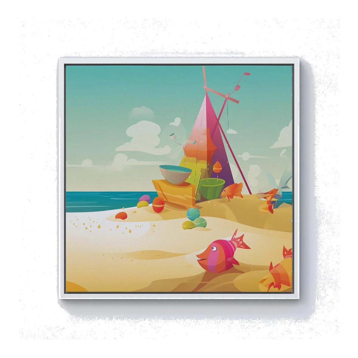 Fish On A Beach Holiday Canvas Print - Yellow / 76.2cm / White Frame