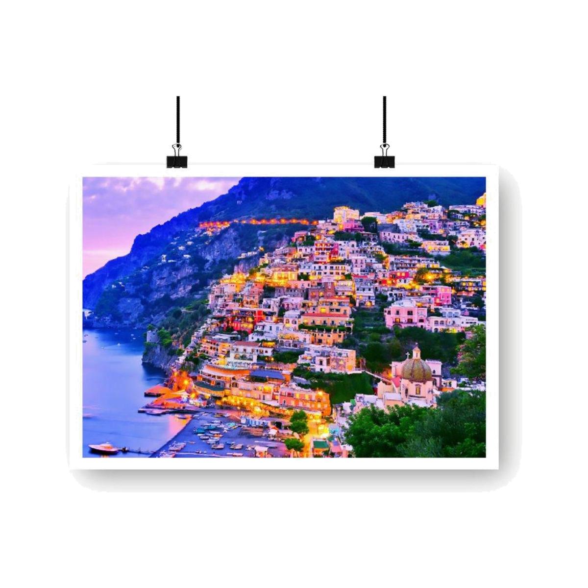 Postiano At Dusk, Amalfi Coast, Italy Art Print - Blue / 84.1cm