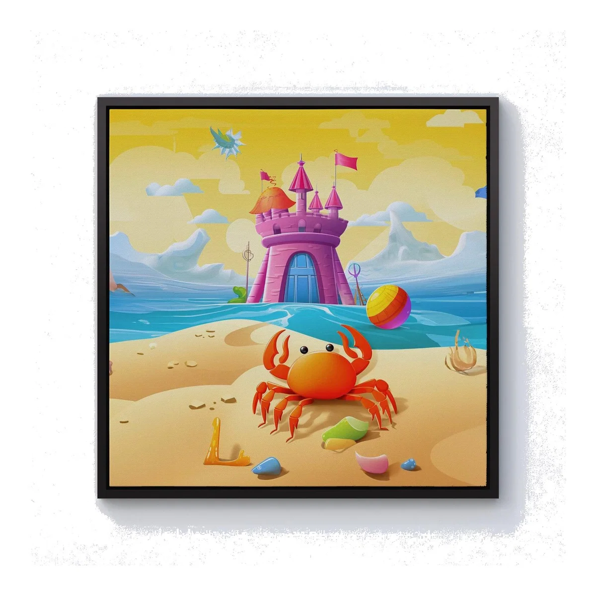Orange Crab On A Beach Holiday Canvas Print - Yellow / 76.2cm / Black Frame