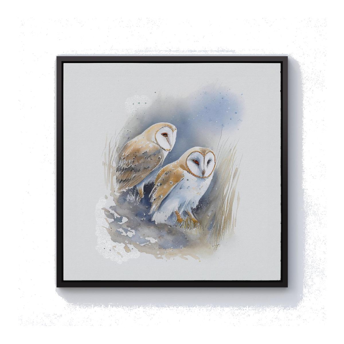 Barn Ano Owls Watercolour Canvas Print - Brown / Black Frame / 40.6cm
