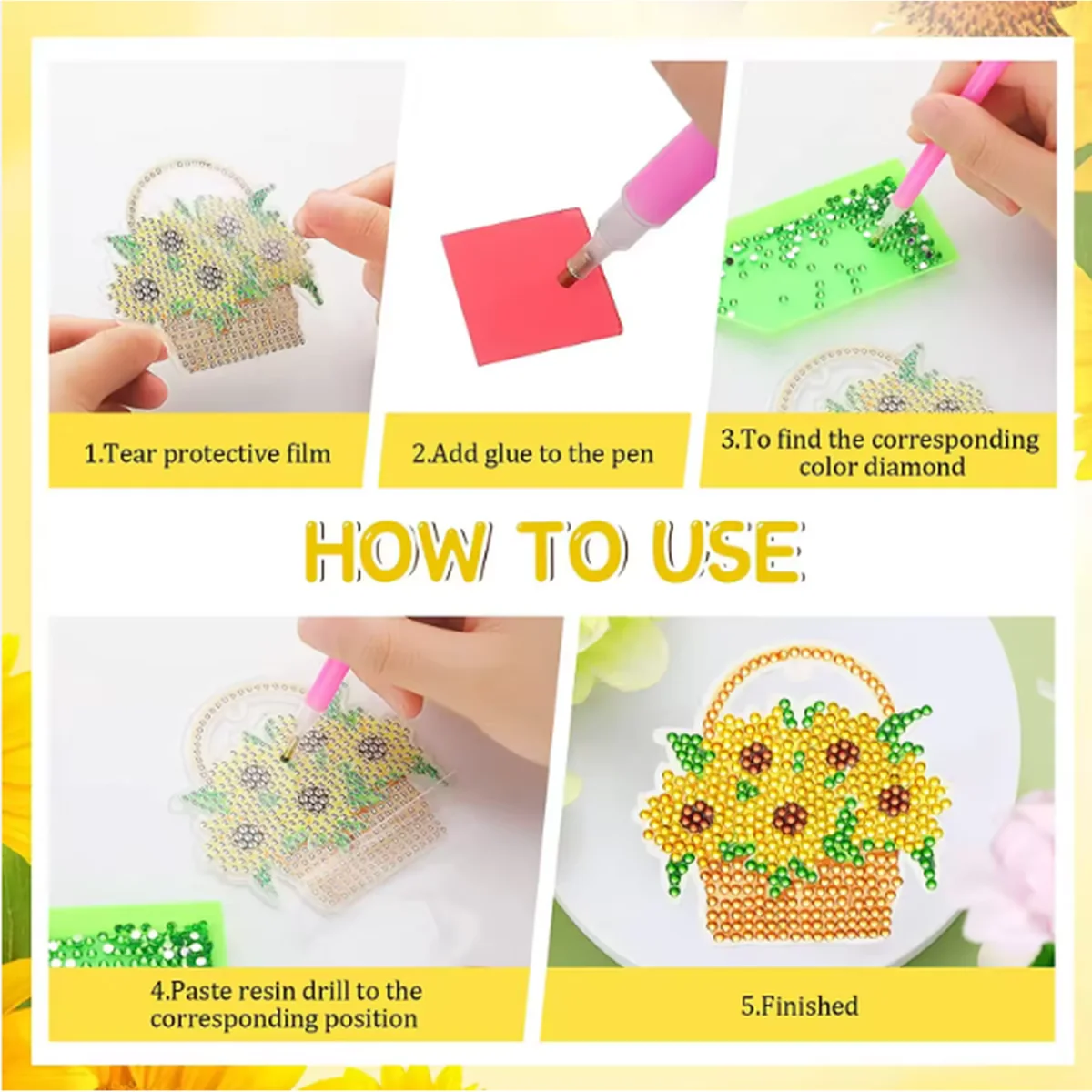 Pack of 12 DIY Sunflower Diamond Painting Keyrings - Multi – image 4