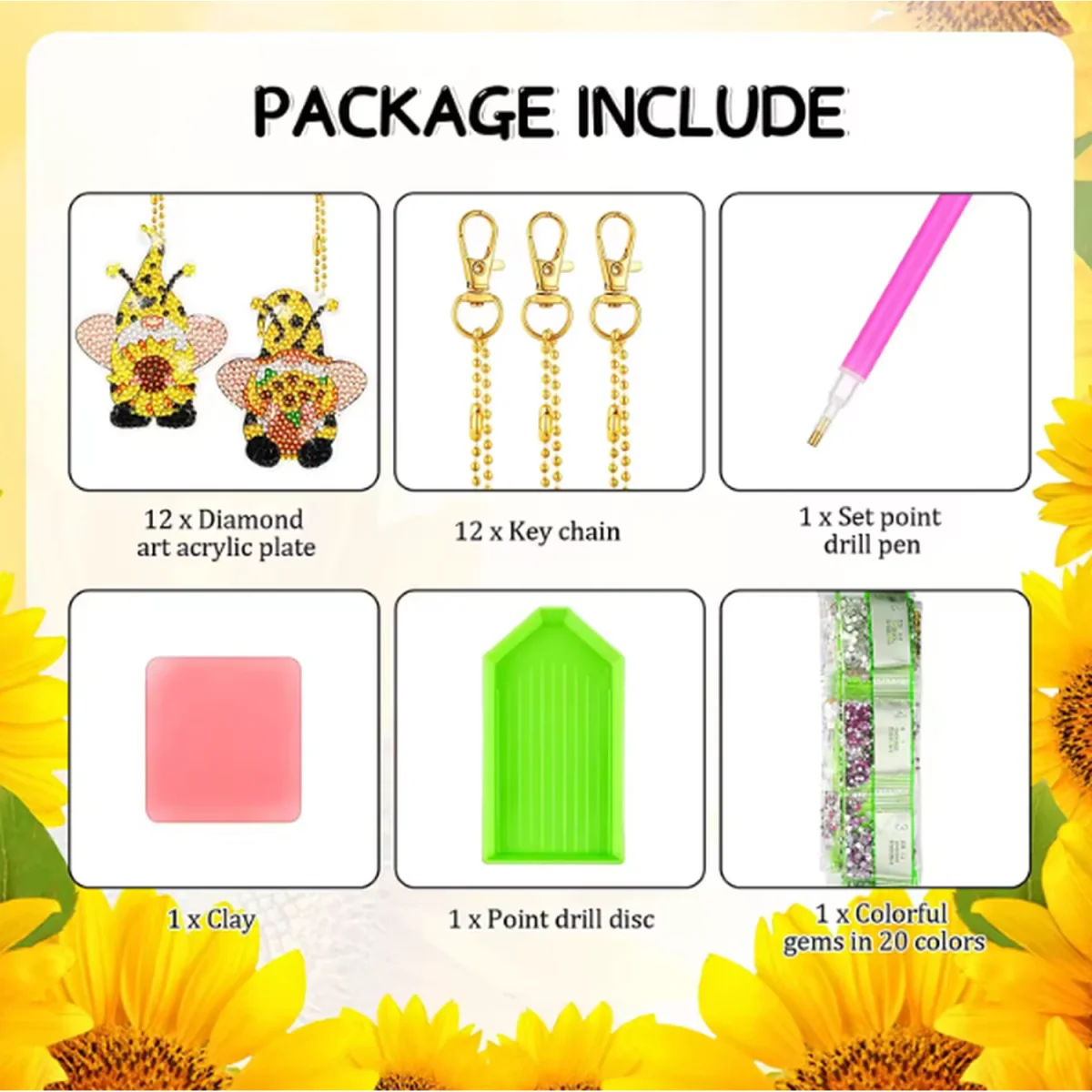 Pack of 12 DIY Sunflower Diamond Painting Keyrings - Multi – image 5