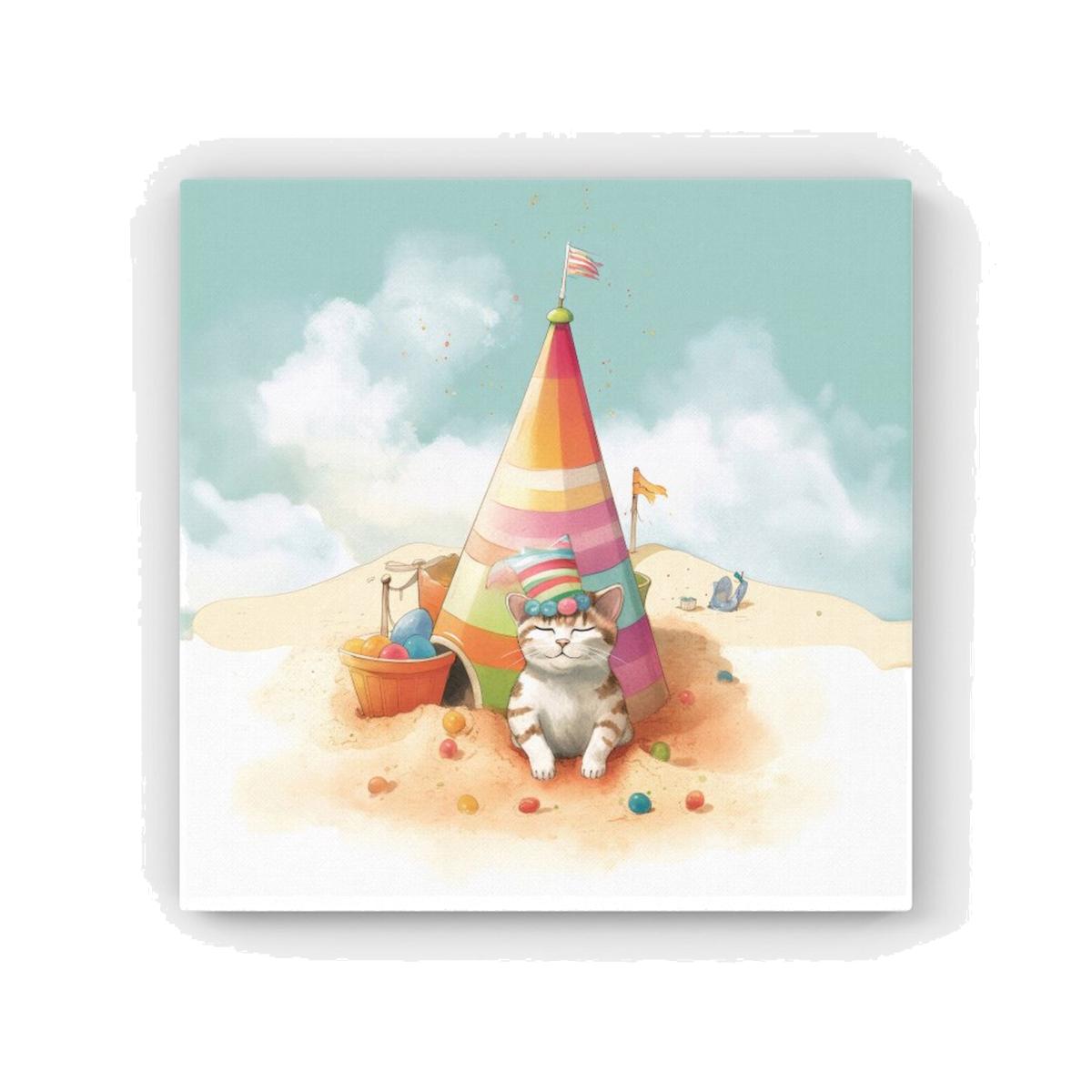 Cat On A Beach Holiday HD Metal Print - Yellow / 30cm