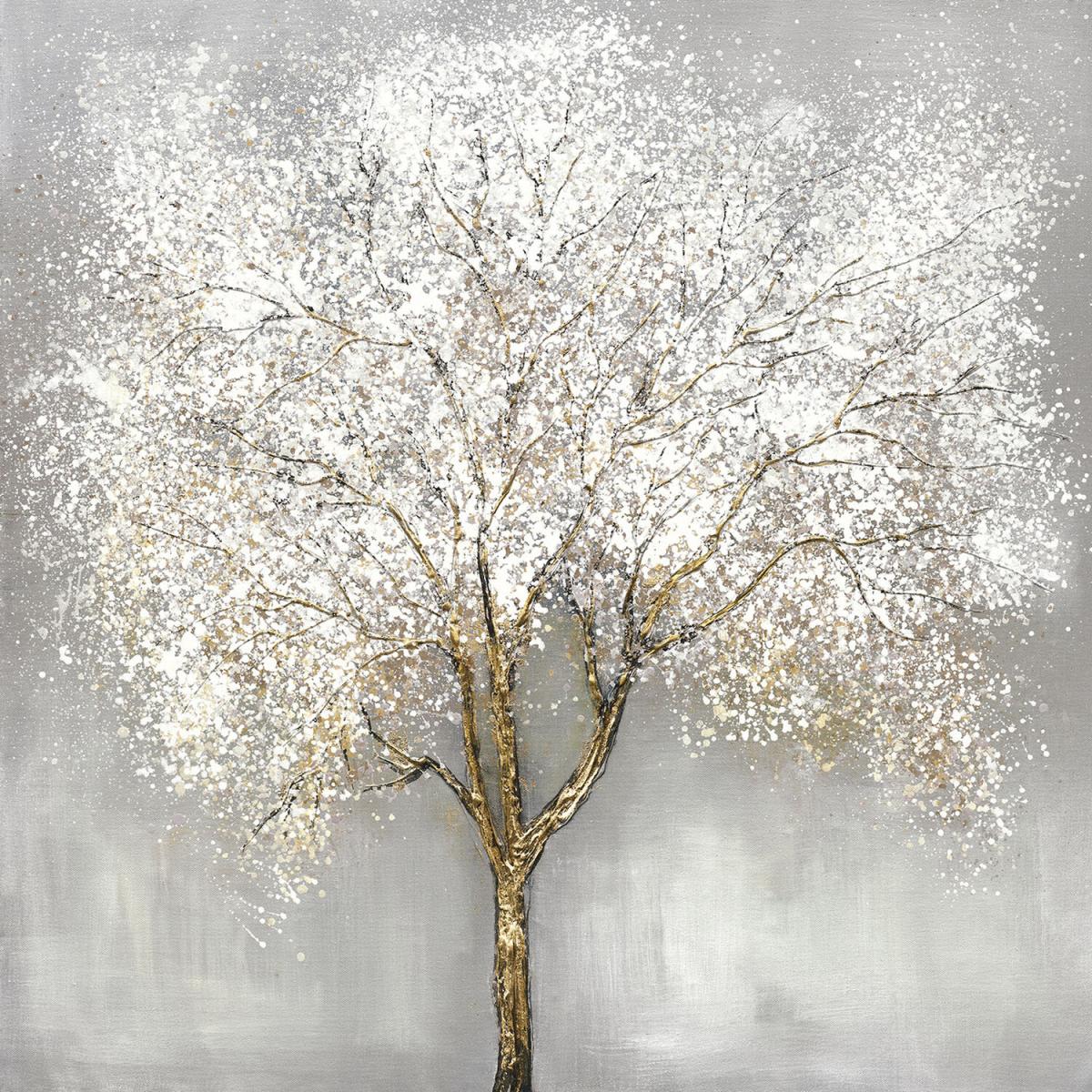 Hand-Painted Blossoming Tree Canvas - Grey