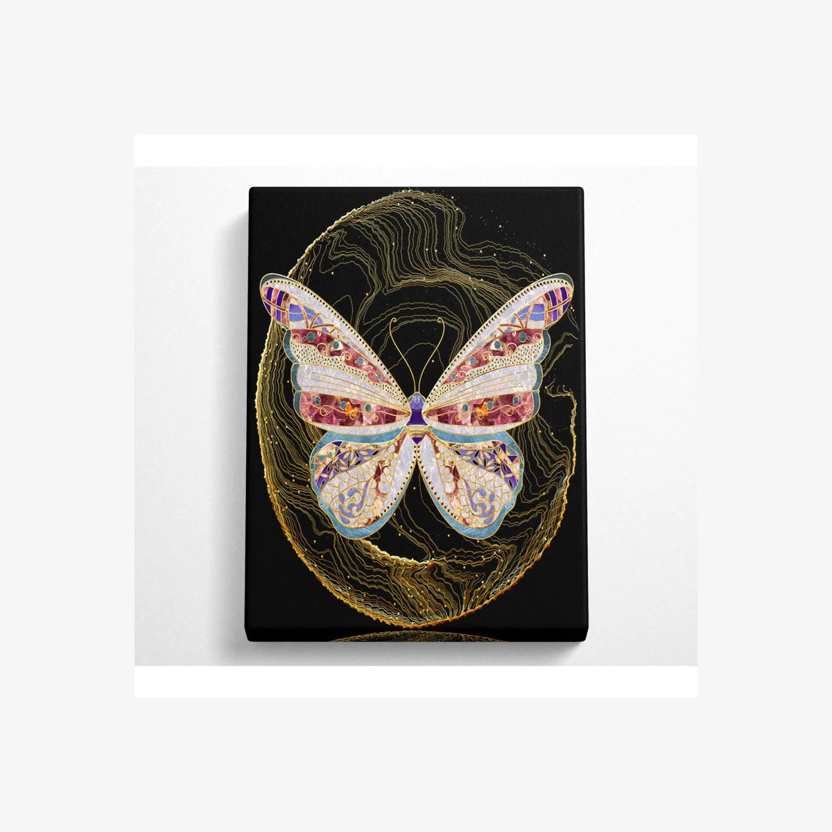 Colourful Butterfly Gold Lines Canvas Print - Black / 66.04cm