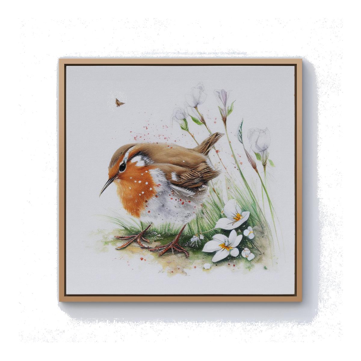 Robin And Daisies Watercolour Canvas Print - Brown / 101.6cm / Pine Frame