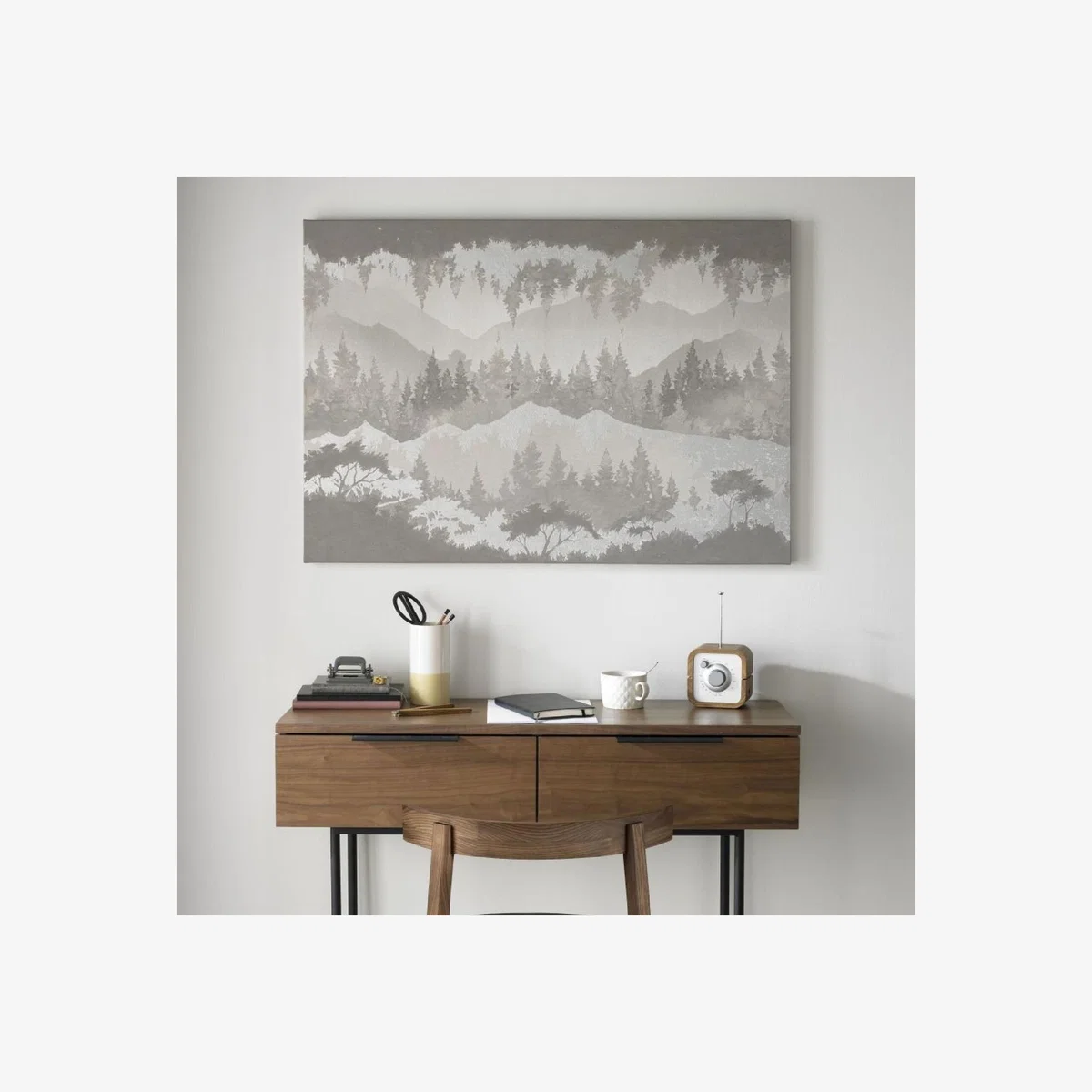 Art for the Home GreyWhite Metallic Wanderlust Forest Landscape Canvas Printed - Grey