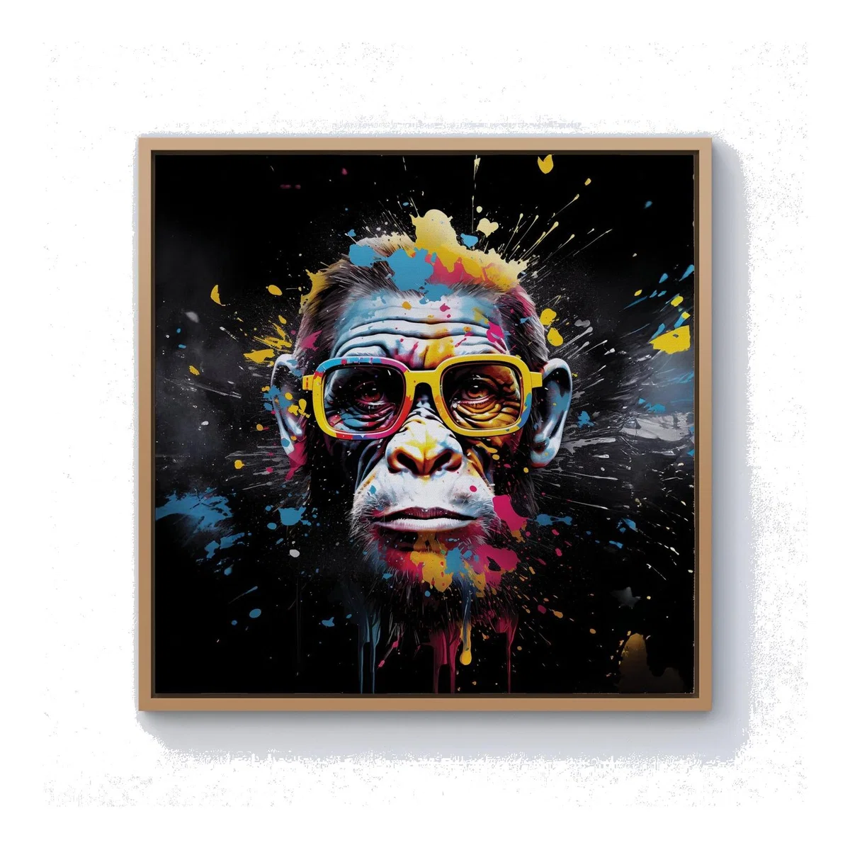 Coloured Splashart Monkey Face with Glasses Canvas Print - Blue / 101.6cm / Pine Frame