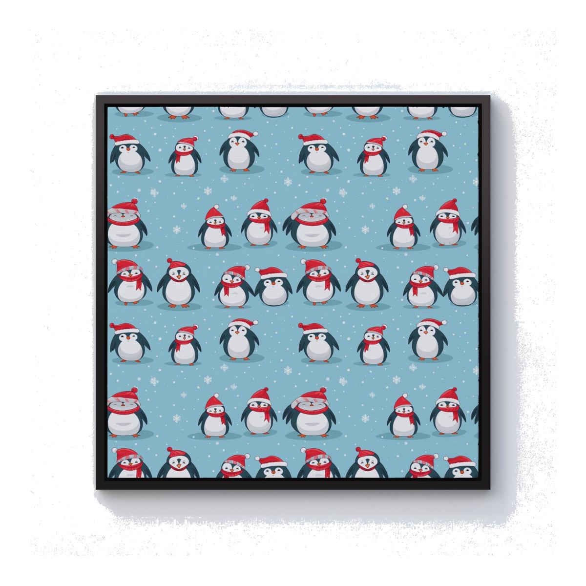 Adorable Santa Penguins Canvas Print - Blue / Black Frame / 101.6cm