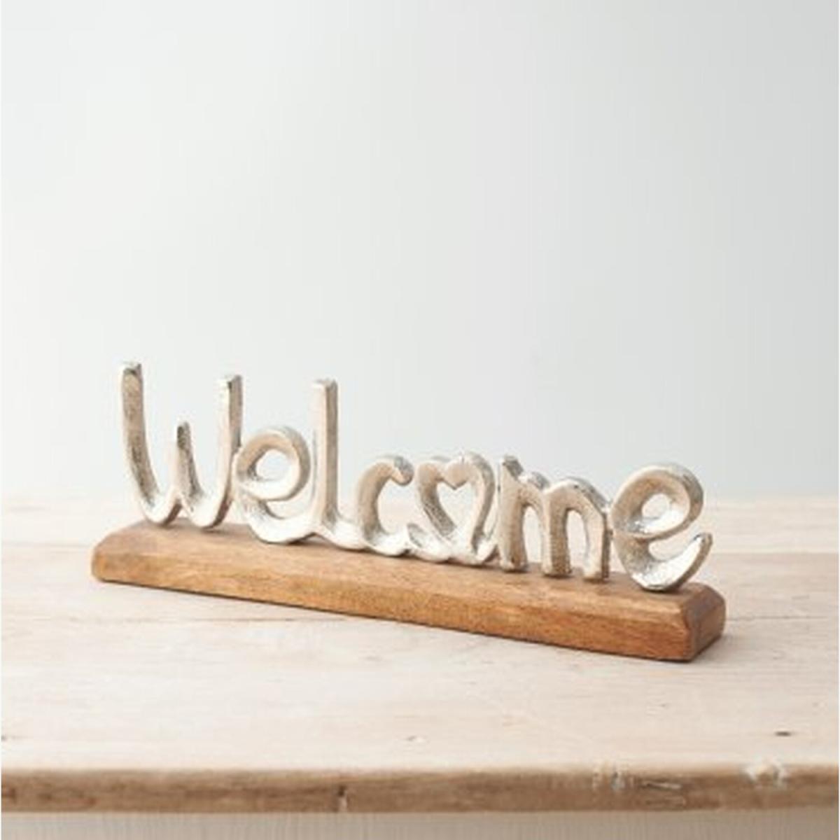 Aluminium Welcome Sign On Wooden Base - Silver