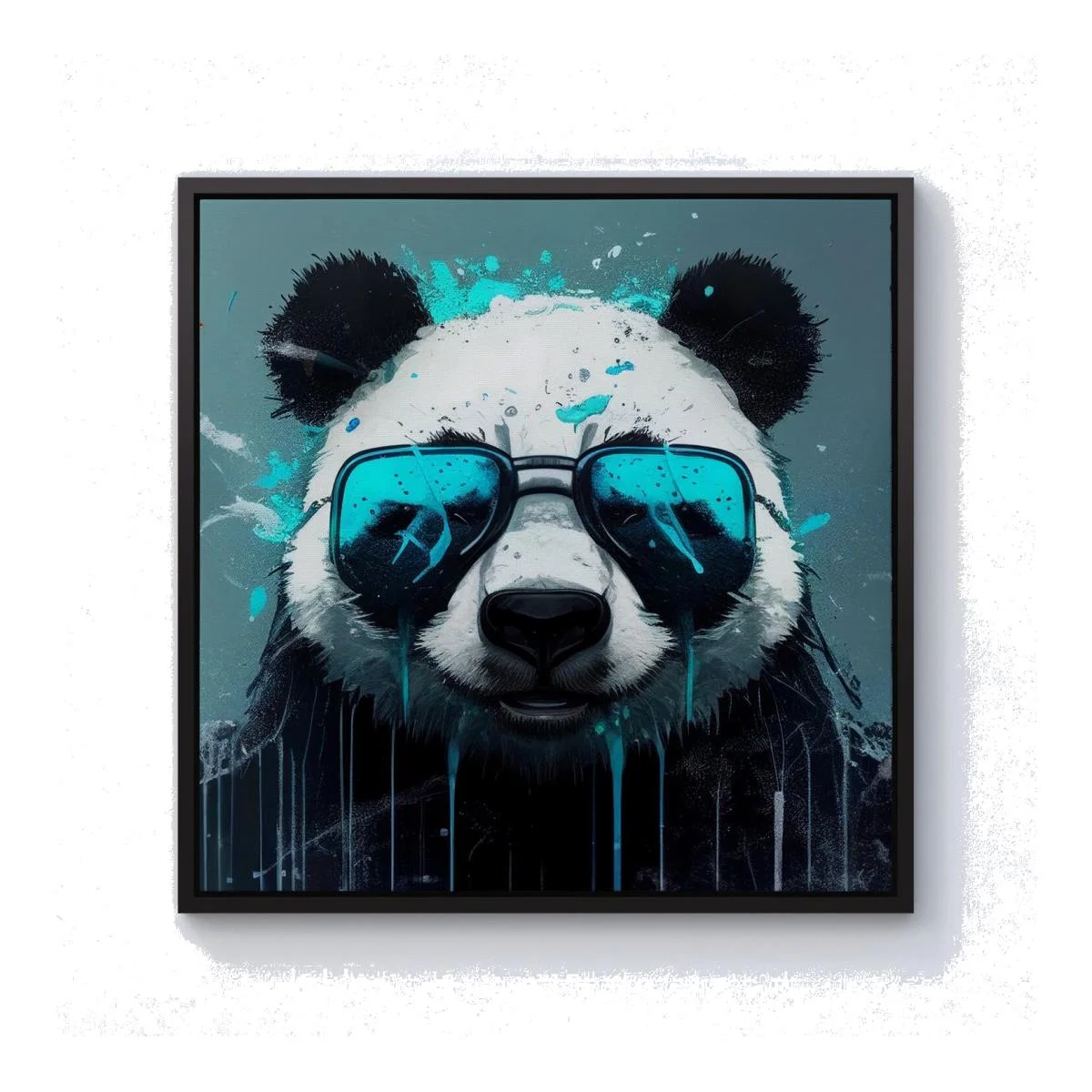 Panda With Blue Glasses Splashart Canvas Print - Blue / Black Frame / 40.6cm