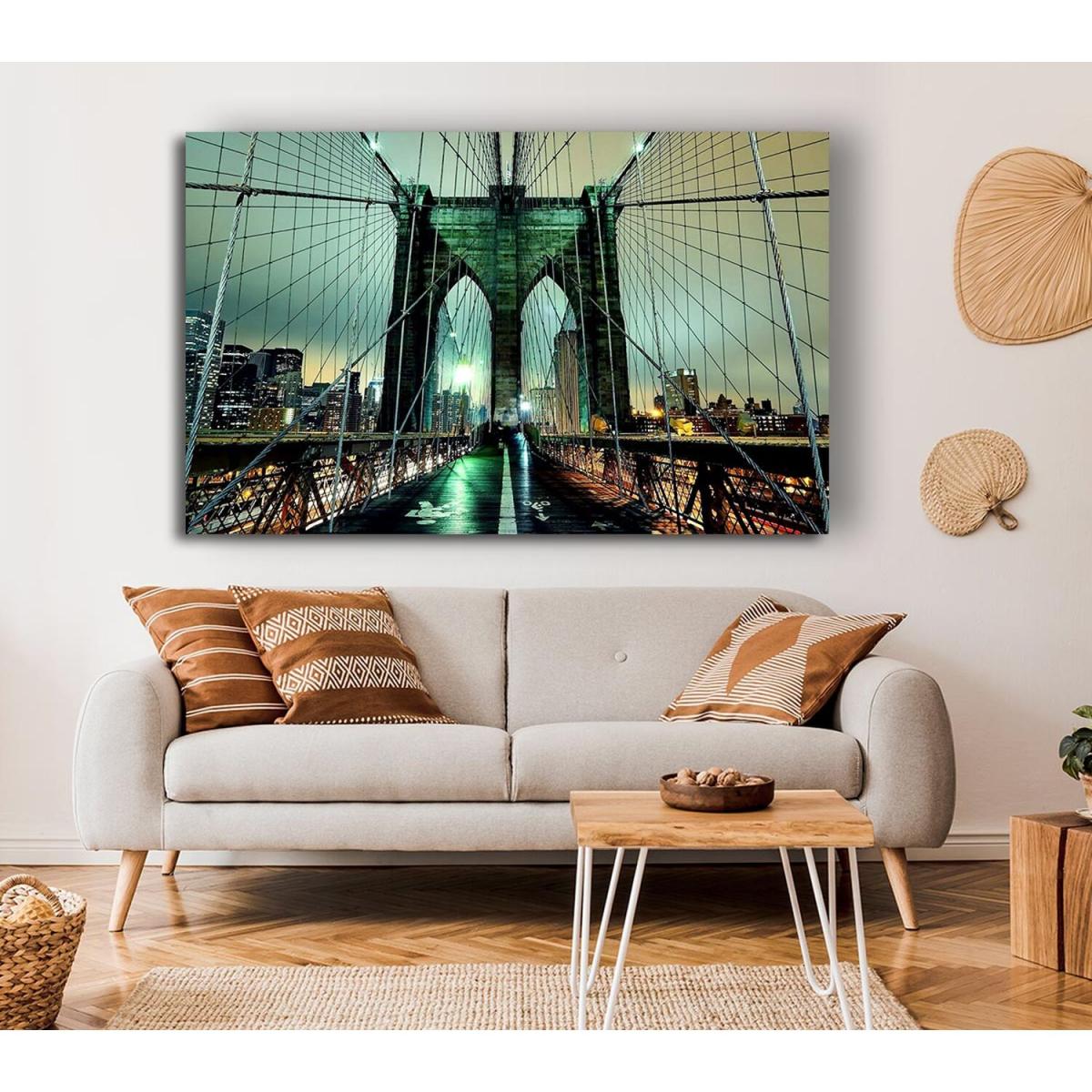 Brooklyn Bridge At Night Green Glow Canvas Print Wall Art - Yellow / 35.56cm – image 4