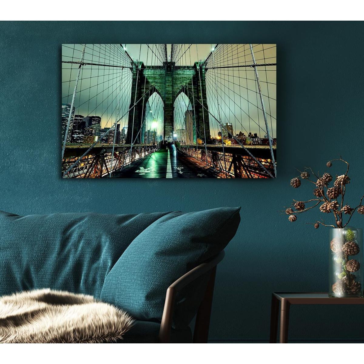 Brooklyn Bridge At Night Green Glow Canvas Print Wall Art - Yellow / 35.56cm – image 5