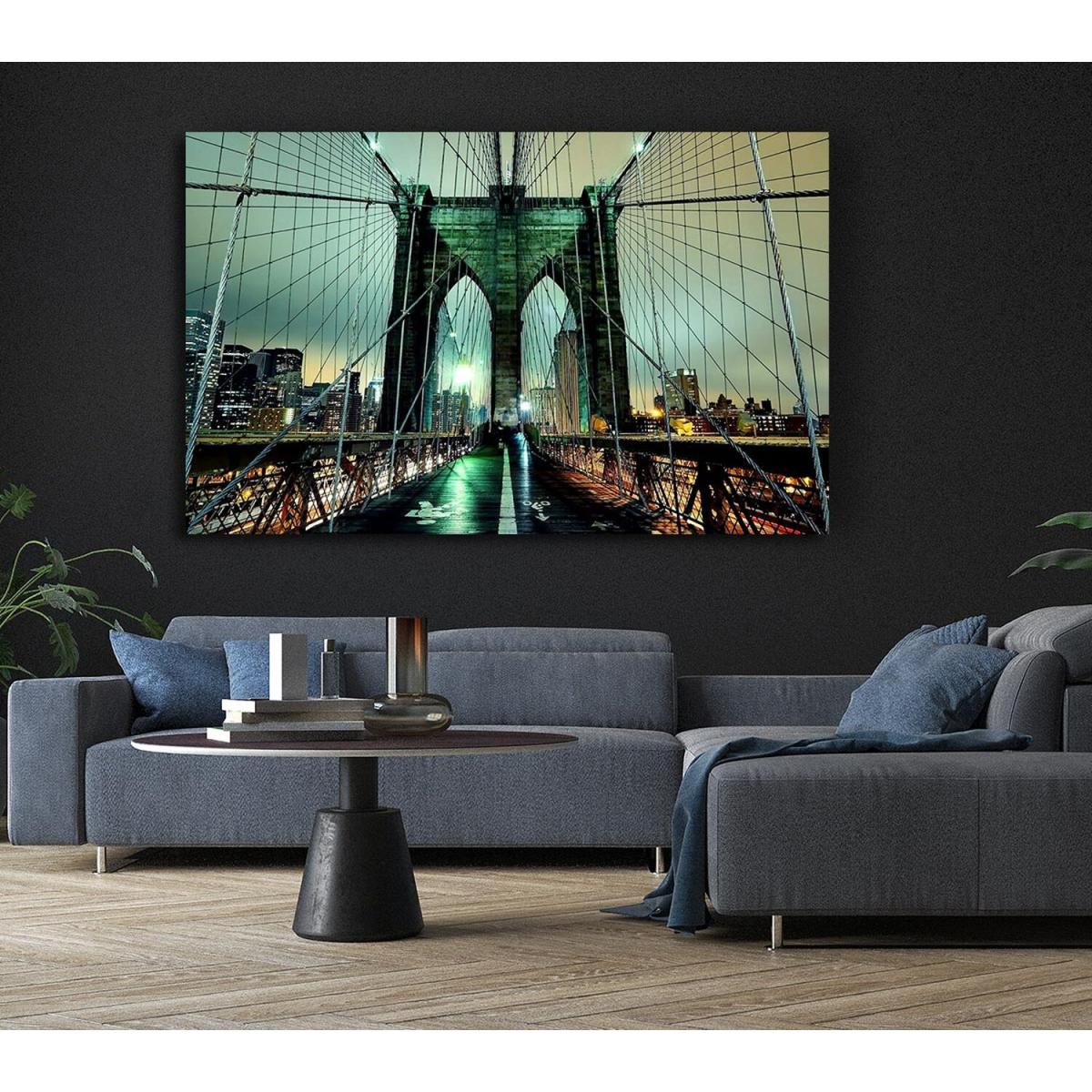 Brooklyn Bridge At Night Green Glow Canvas Print Wall Art - Yellow / 35.56cm – image 6