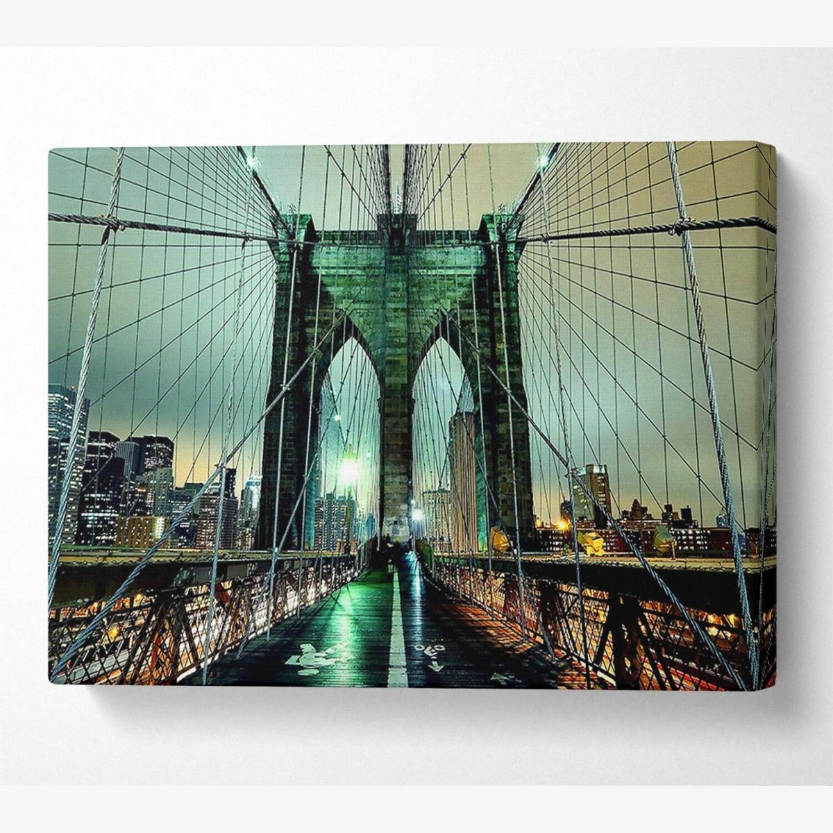 Brooklyn Bridge At Night Green Glow Canvas Print Wall Art - Yellow / 35.56cm – image 1