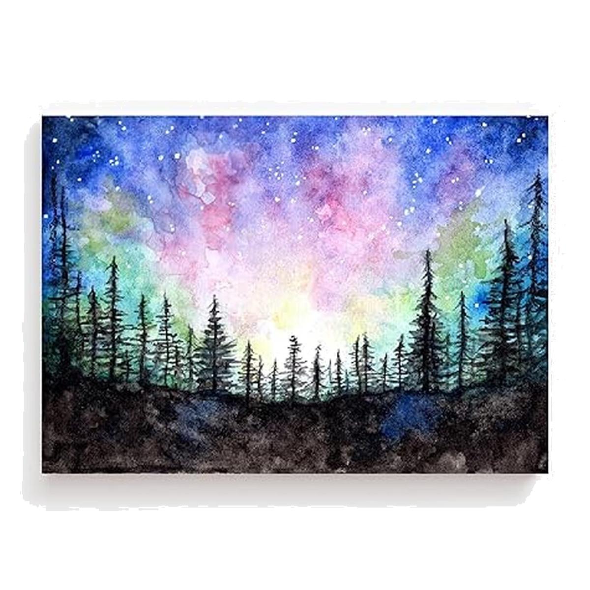 Northern Lights Watercolour Print on Canvas - Blue / 76cm