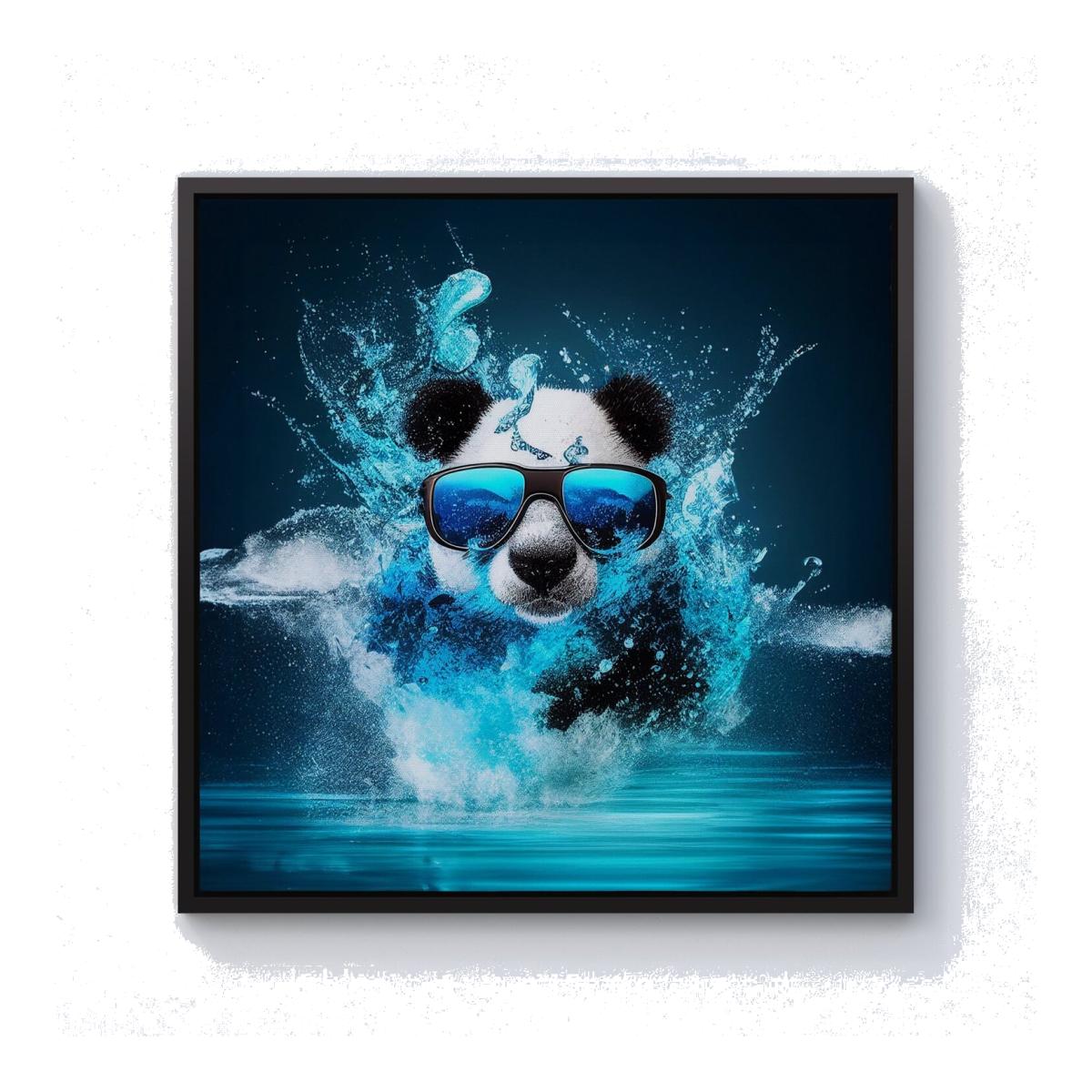 Panda With Glasses Splashart Water Canvas Print - Blue / Black Frame / 76.2cm