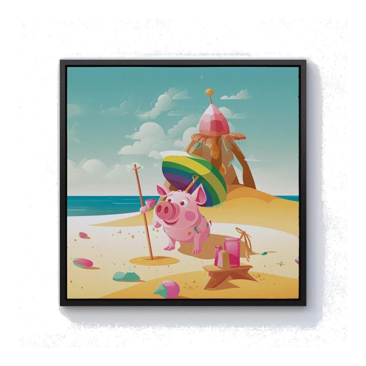 Piglet On A Beach Holiday Canvas Print - Yellow / 76.2cm / Black Frame