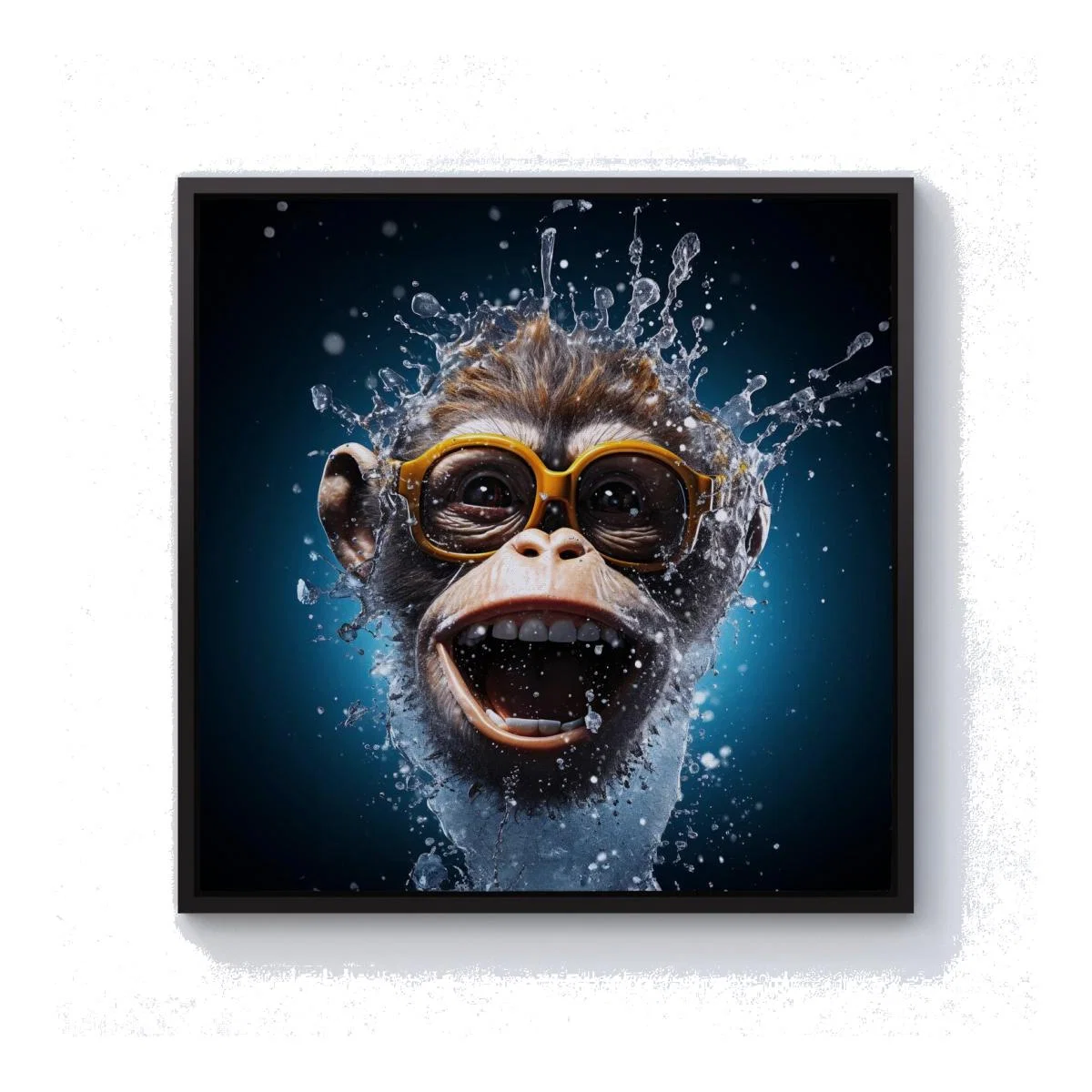 Splashart Cheeky Chimp Face With Glasses Canvas Print - Blue / 40.6cm / Black Frame